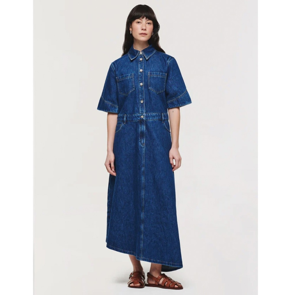 ALIGNE Mateo Short Sleeve Asymmetric Denim Midi Shirt Dress 12 Anthropologie